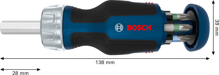 Tua vít có cần siết ngắn Bosch kèm 6 đầu vít.